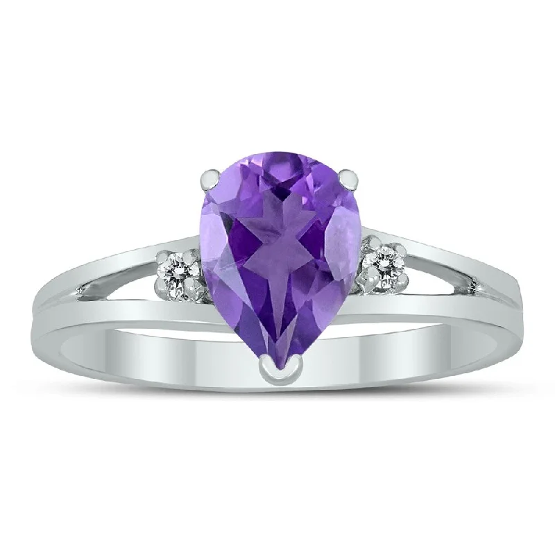 engagement rings for women -8X6MM Amethyst and Diamond Pear Shaped Open Three Stone Ring in 10K White Gold