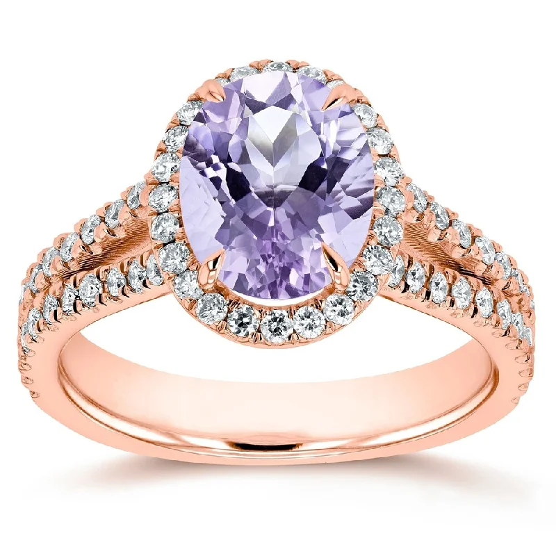 promise rings for women -Annello by Kobelli 14k Gold 2ct TGW Oval Cut Lavender Amethyst and Diamond Halo Split Shank Gemstone Ring