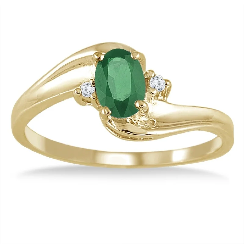 anniversary rings for women -Emerald Gemstone and Diamond Wave Ring 14k Yellow Gold