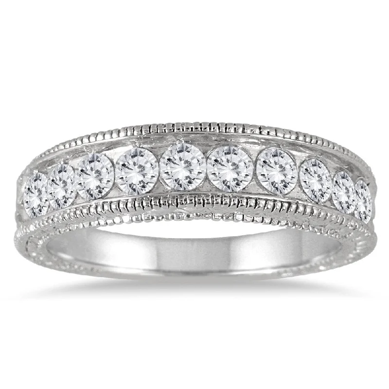 custom rings for women -1 Carat TW Diamond Engraved Antique Ring in 14K White Gold