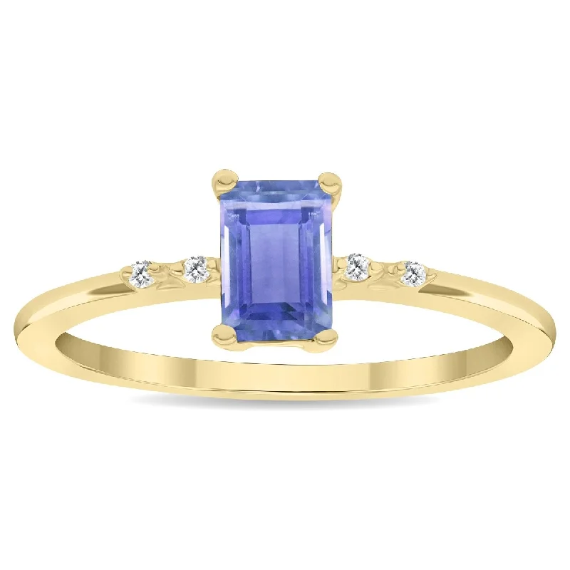 anniversary rings for women -Women's Emerald Cut Tanzanite and Diamond Sparkle Ring in 10K Yellow Gold