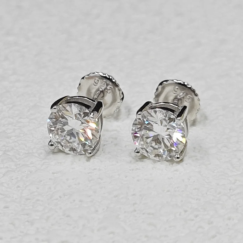 stud earrings for women -Gorgeous Round Cut Moissanite Screw Back Sterling Silver Stud Earrings