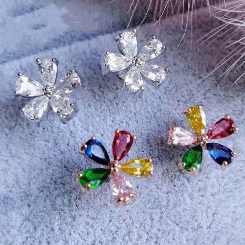 simple earrings for women -Rose Gold /18K White Gold Plated Sterling Silver Colorful Five-petal Flower Earrings Stud