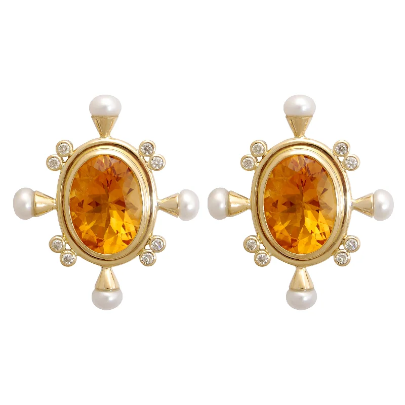 sterling silver earrings for women -Earrings - Citrine, Pearl And Diamond