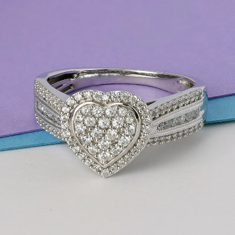 custom wedding rings -1/2ct TDW Diamond Heart Shape Halo Promise Ring in Silver by De Couer