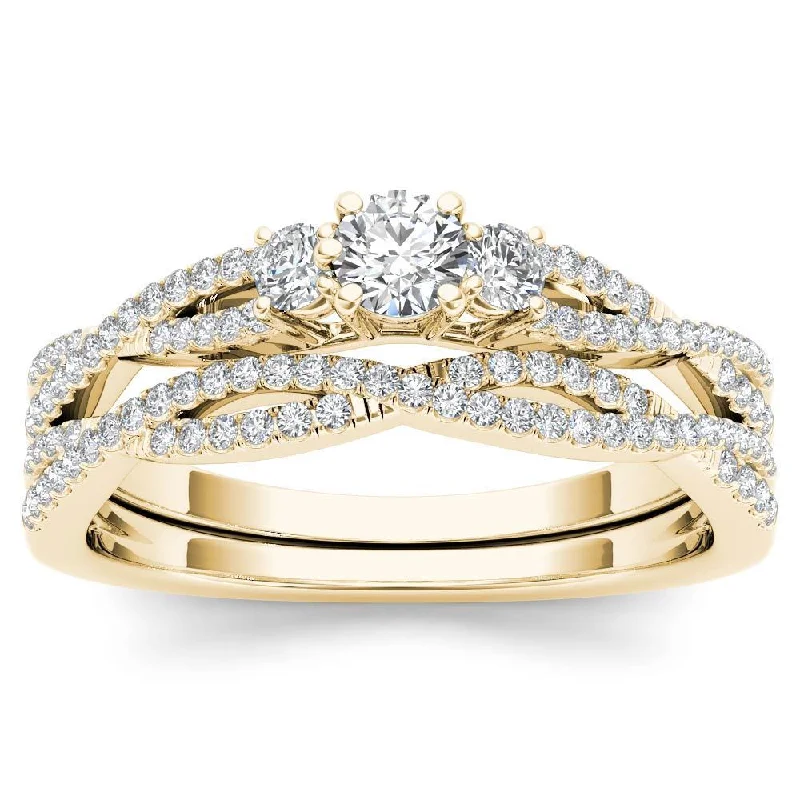 wedding rings for couples -De Couer IGI Certified 14k Yellow Gold 1/2ct TDW Diamond Three-Stone Anniversary Ring with One Band