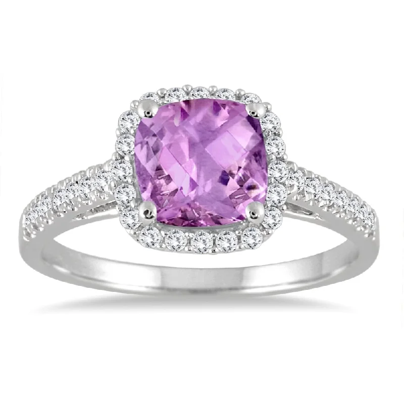 halo wedding rings for women -5MM Cushion Cut Amethyst and Diamond Halo Ring in 10K White Gold