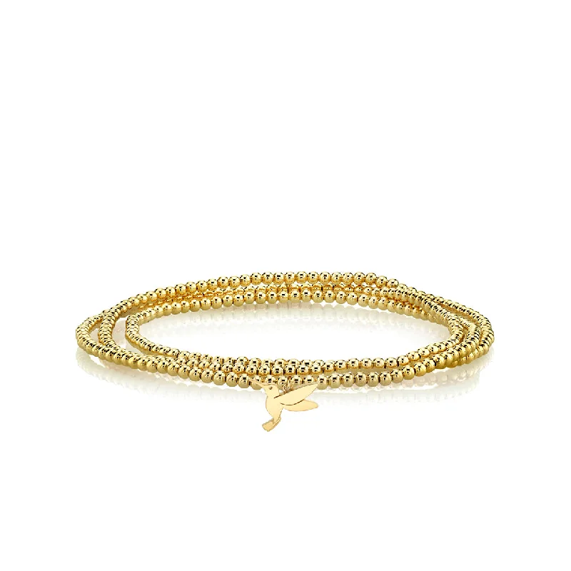 wedding bracelets for women -Pure Gold Tiny Hummingbird on Gold Beads