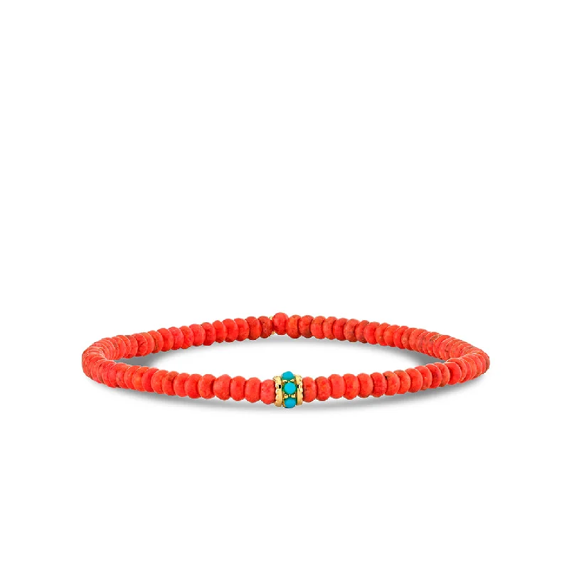 engraved bracelets for women -Gold & Turquoise Scallop Rondelle on Red Sea Bamboo